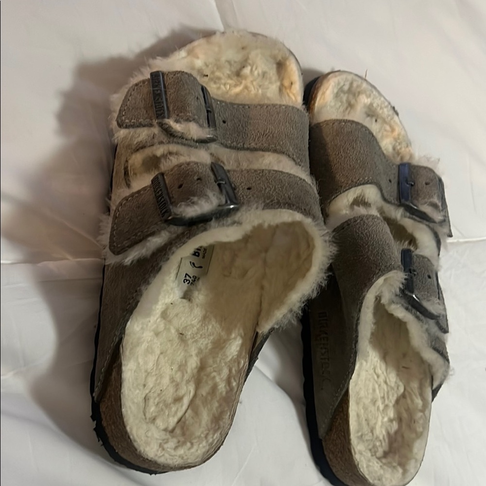 Birkenstock Gray/Green Shearling Arizona Sandals-Size 37